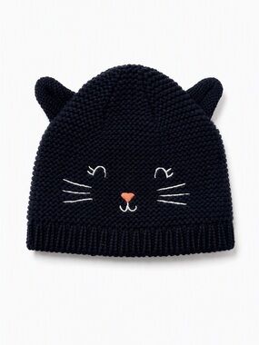 Carter's Navy Black Cotton Knit 3D Kitty Cat Ear Heart Nose Beanie Hat 3-9M Fall